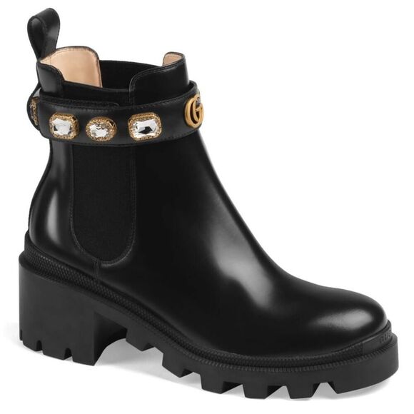 Gucci Trip Jewel Strap Bootie Leather Ankle Boots Black Gold 37 - Picture 1 of 5